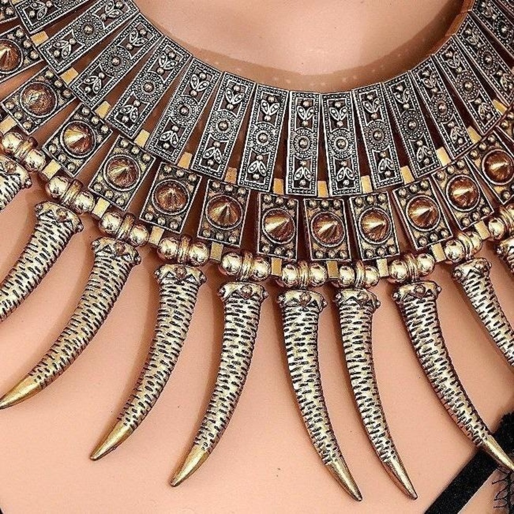 Tribal Statement Bib Necklace Gold Tone Bold Geometric - Picture 2 of 7